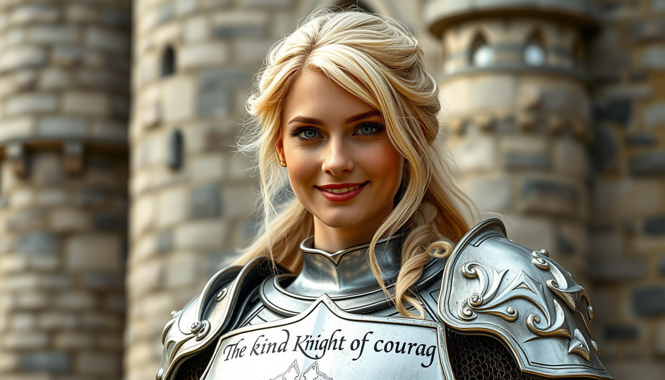 AI Art prompt example created from the prompt: An majestic fairy tale blonde female knight in light armor, has a kind smile on her face with smiling eyes as well. Outside a castle wall is