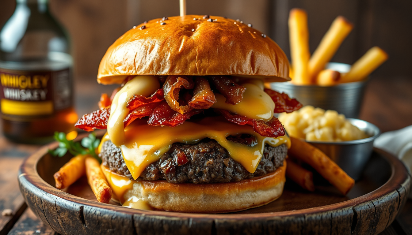 Main art studio: A realistic gourmet fusion burger combining an American cheeseburger with traditional Irish ingredients. A juicy beef patty, melted cheddar cheese, cr
