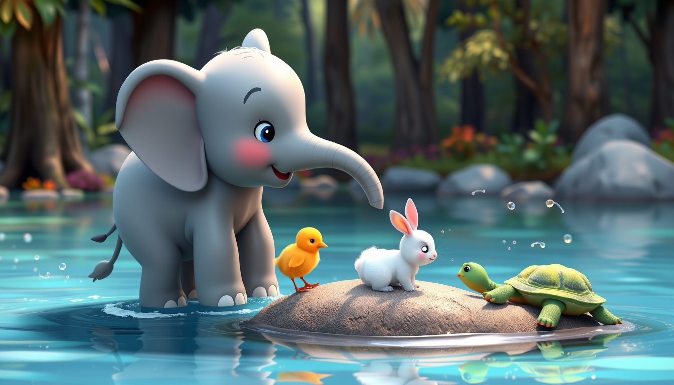 Main art studio: Cute baby elephant reaches his trunk toward a white baby bunny on a small rock. Yellow chick and green turtle help beside him. Bunny reaches for the t