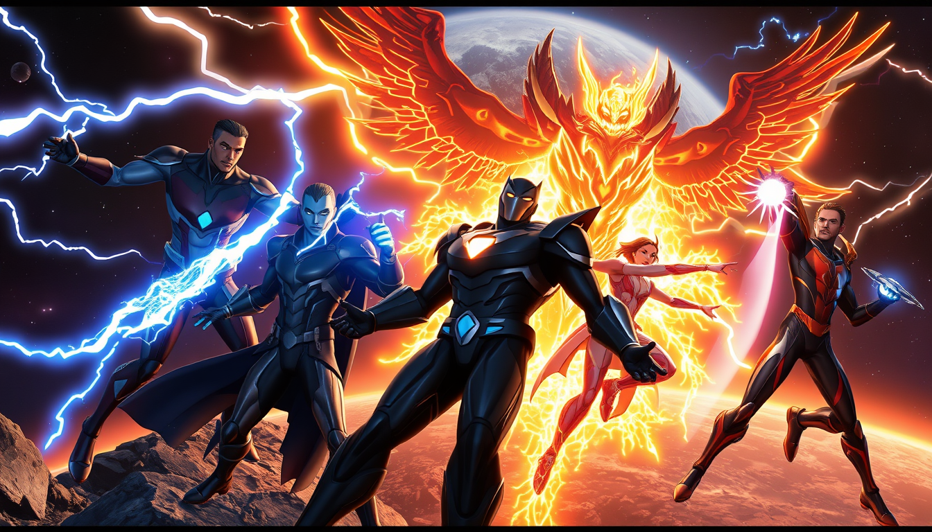 Main art studio: Cinematic 3D animated superhero movie. Six original heroes battle an ancient cosmic warlord in a dark dimension above a destroyed planet. Voltar contr