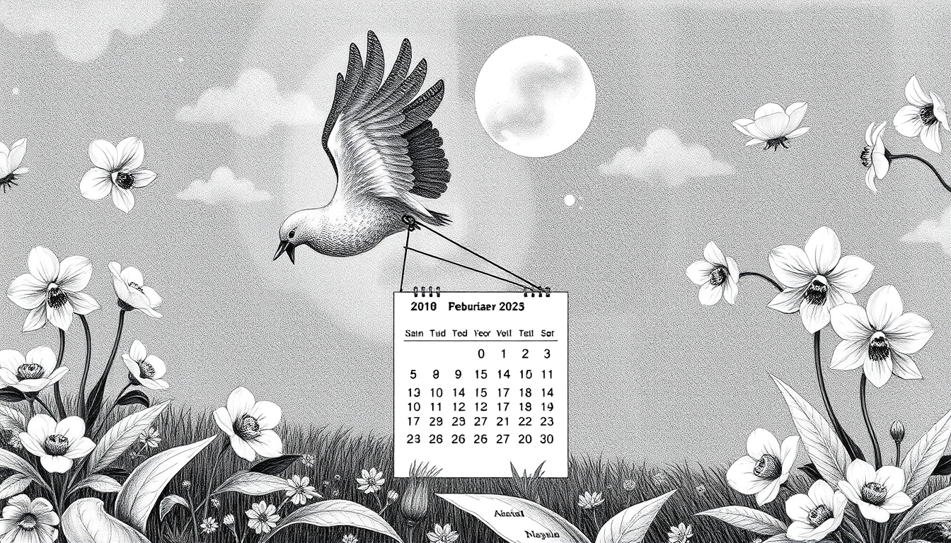 Main art studio: Ilustración: calendario y raíces de orquídea observadas todo en blanco y negro la imagen