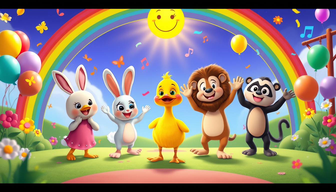 AI Art prompt example created from the prompt: Create a 30-second vertical (9:16) Pixar-style animated nursery rhyme. A cheerful yellow duck enters a bright playground with a rainbow, bal