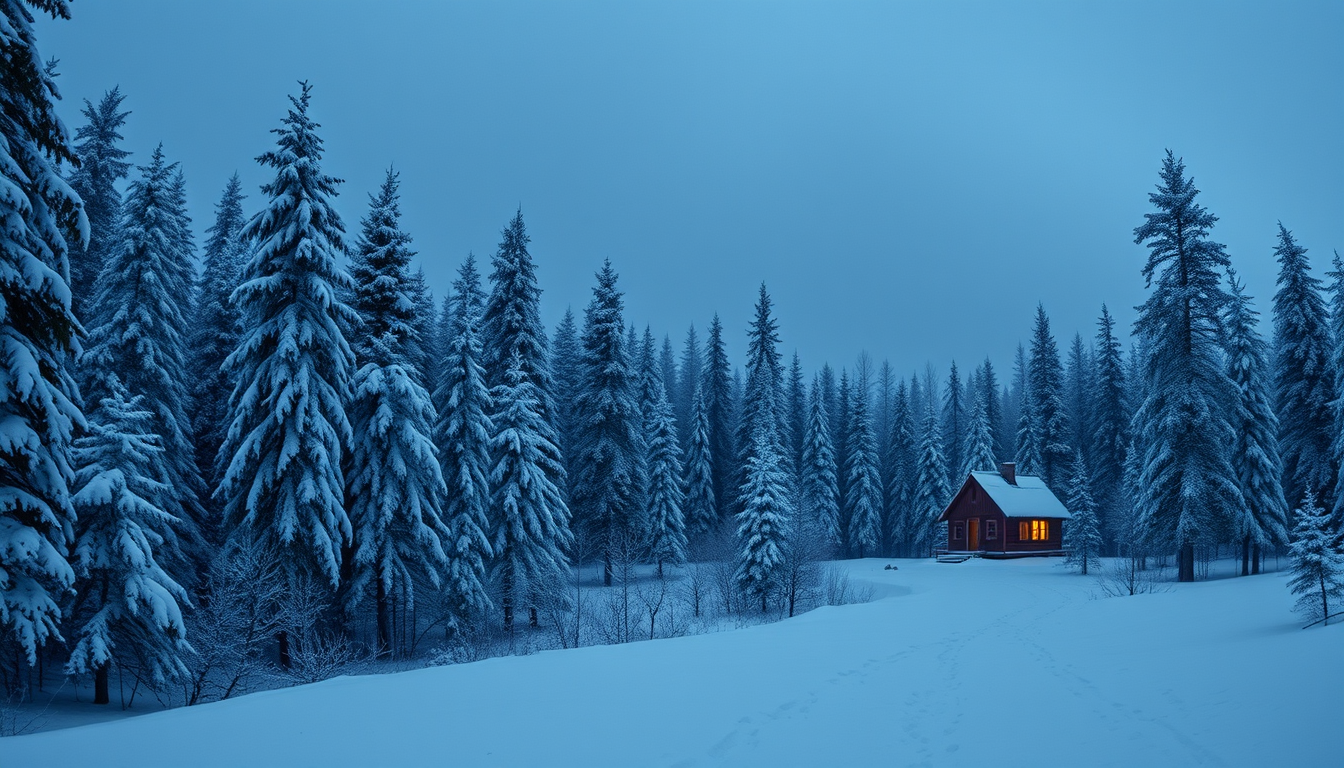 Main art studio: Wide panoramic Scandinavian winter book cover, continuous landscape for front, spine and back. Dense snow-covered pine and birch forest, small old red