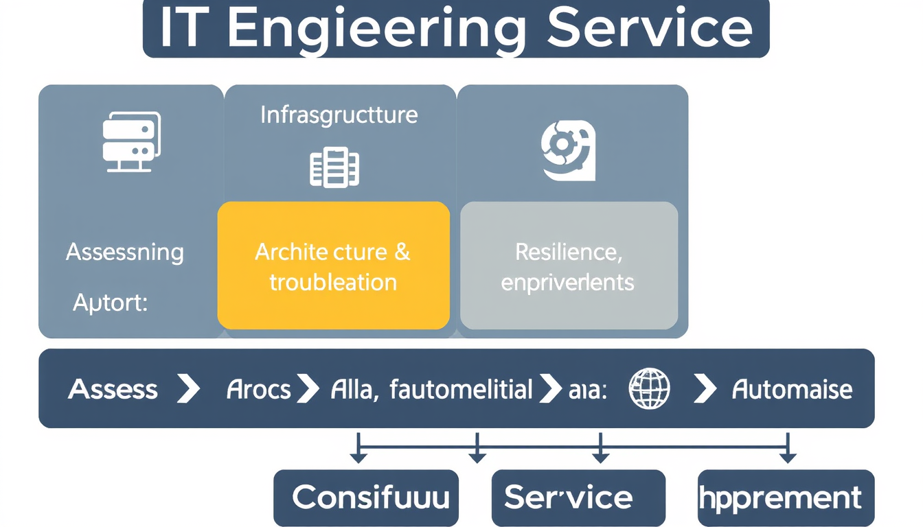 Main art studio: Professional technical infographic titled “IT Engineering Service”. Top: Infrastructure Assessment Top: Re-engineering. Center: Advanced Troubleshooti