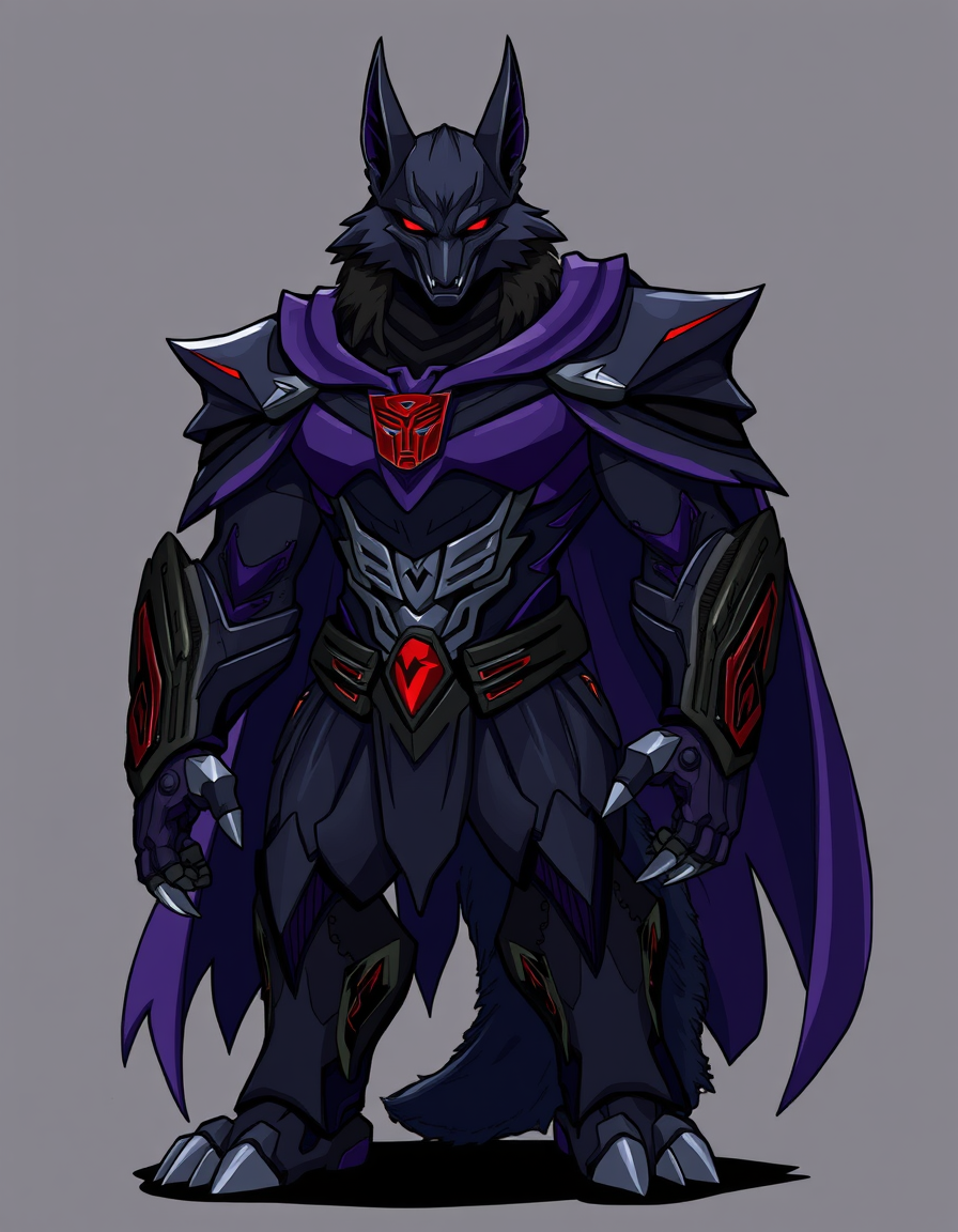 Main art studio: Anthropomorphic furry version of Tarn from Transformers: a tall, imposing wolf-like or reptilian character with sleek dark purple and black armor plat