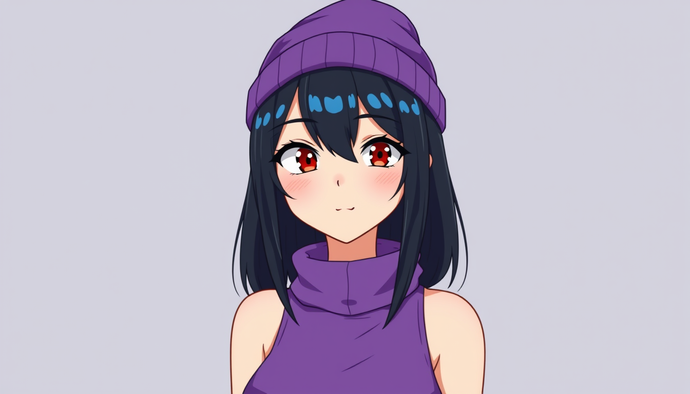 VTuber idea: vtuber avatar character, anime style, expressive face, streaming-ready design, Girl with strait black hair with blue highlights and a purple beanie sh