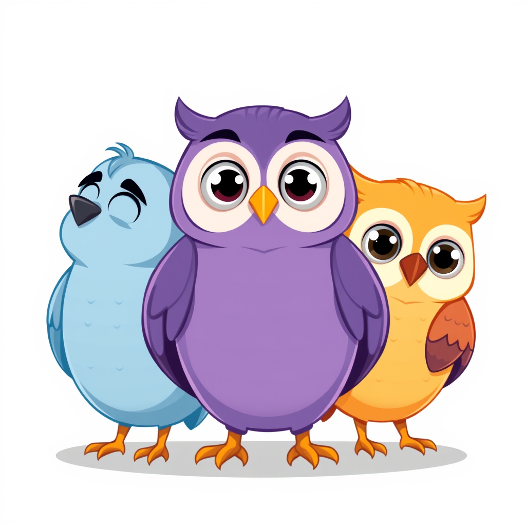 Main art studio: Exactly three cute cartoon owls, each with a clearly distinct expression and pose. Left blue-gray owl: body faces forward, head gently turned to the s