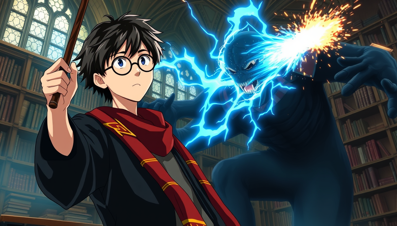Main art studio: Epic 2D Japanese anime movie scene inside the Hogwarts library, Harry Potter with messy black hair, round glasses, lightning-shaped scar on forehead, 