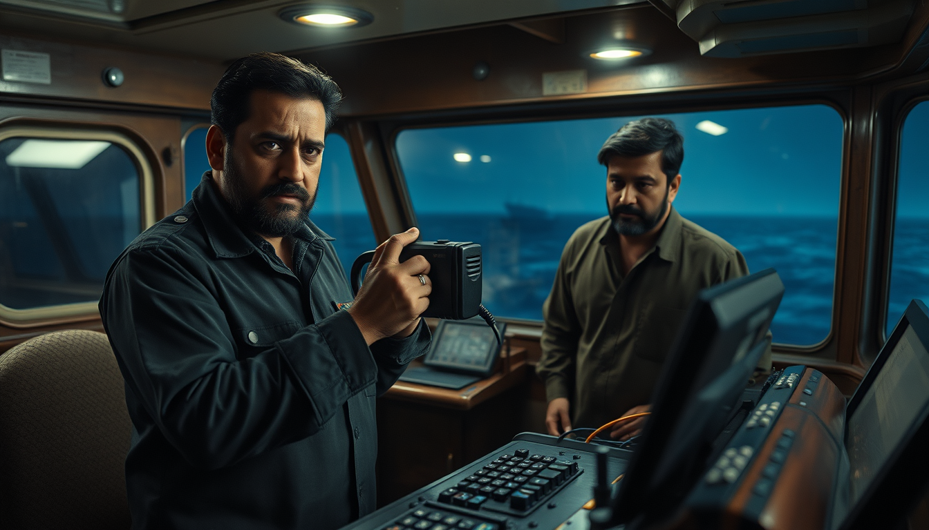 AI Image From Image idea created from the prompt: reference-guided image transformation, preserve the main subject and composition, کلپ 4 Captain Adil holding the radio and urgently trying t