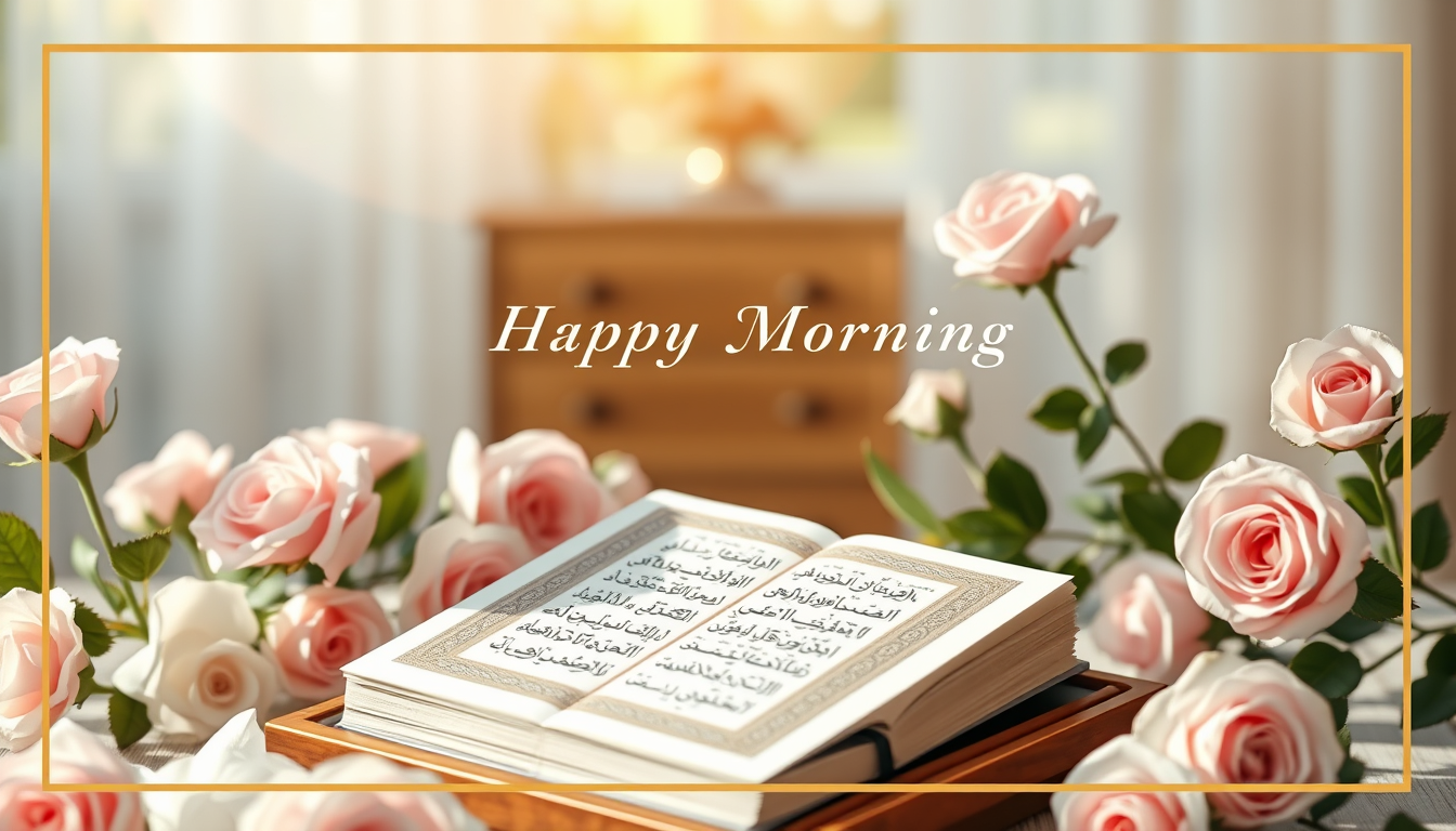 Main art studio: A photorealistic elegant Islamic morning greeting card, an open Quran on a luxurious wooden stand, surrounded by beautiful soft pink and white roses, 