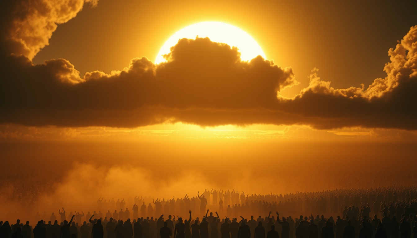 Main art studio: A dramatic Qiyamah scene near an endless horizon, countless frightened people standing beneath an enormous glowing sky. The sun is extremely bright, w