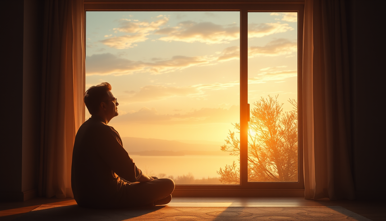 Main art studio: Prompt: A serene, deeply contemplative, and cinematic conceptual painting. A thoughtful person is sitting by a large, peaceful window overlooking a ca