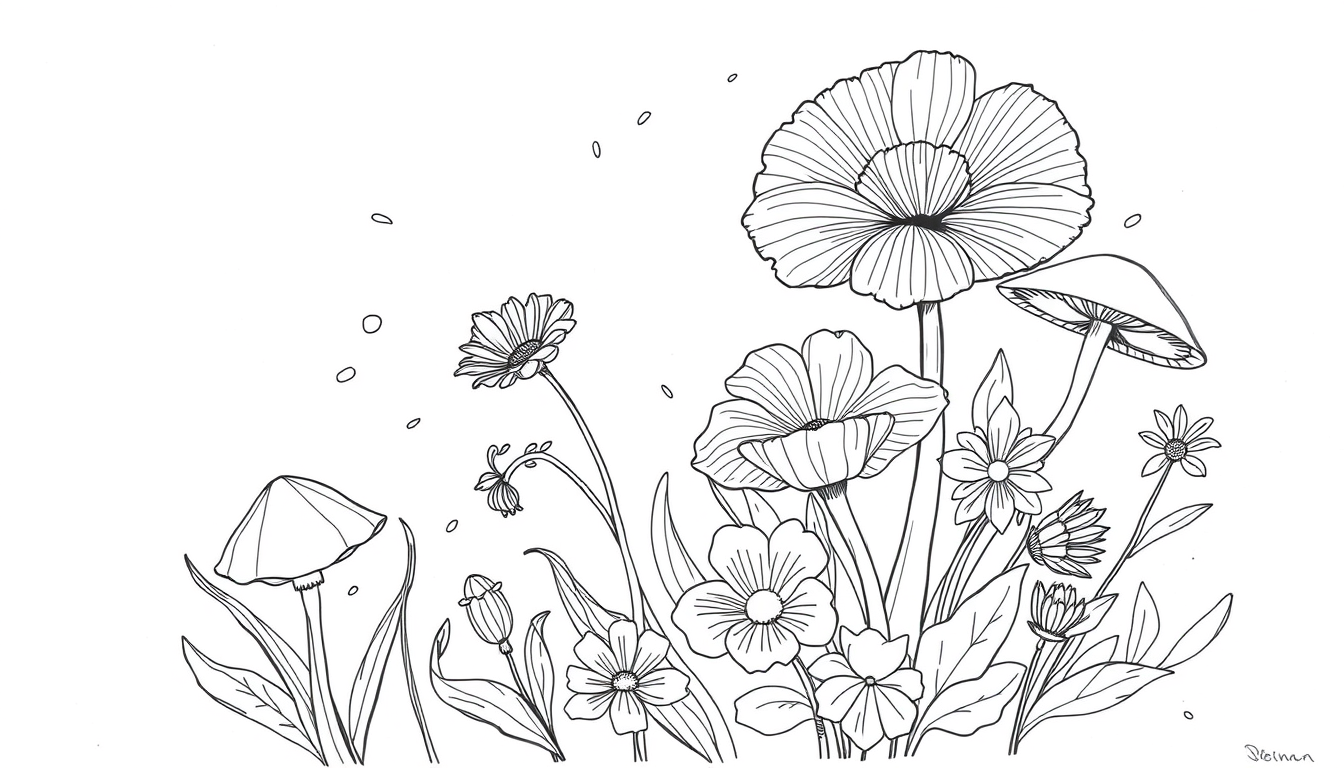 Main art studio: sketch me up some line art of some flowers and flowers with some squiggles and lines and heavily thick bold lines and mushrooms and complex flowers an