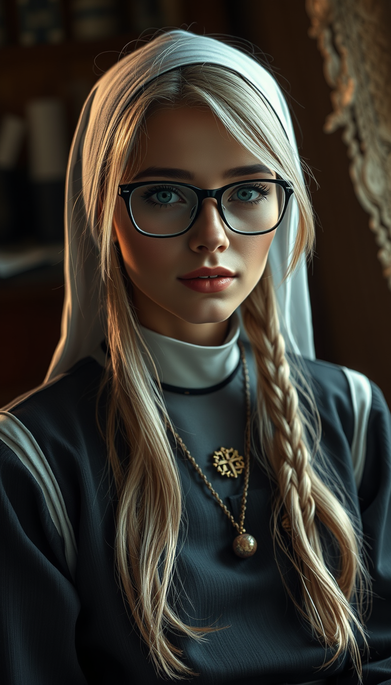Realistic Images idea: photorealistic generated image, natural materials and skin texture, physically plausible lighting, Nun beauty mini skirts blonde hair glasses gercek i