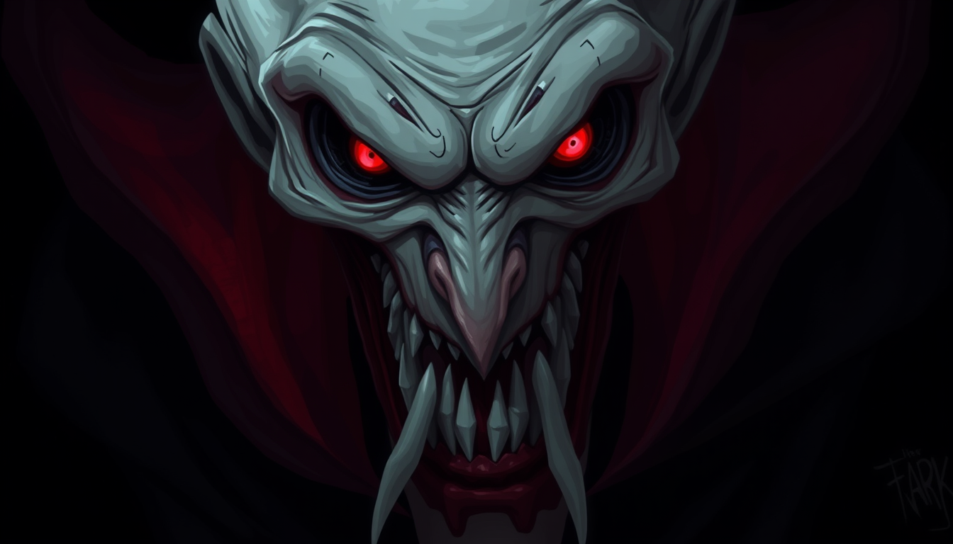 Main art studio: Um vampiro gigante e assustador para um jogo 2D de terror, com a boca escancarada, caninos extremamente longos e afiados, olhos completamente pretos c