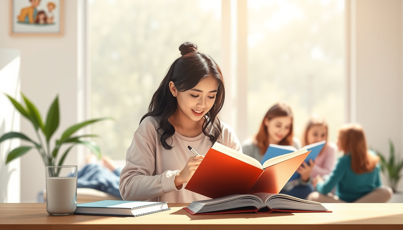 Main art studio: Ilustración realista de una persona aprendiendo nuevos hábitos saludables. Se observa escribiendo en un cuaderno, haciendo ejercicio, leyendo un libro