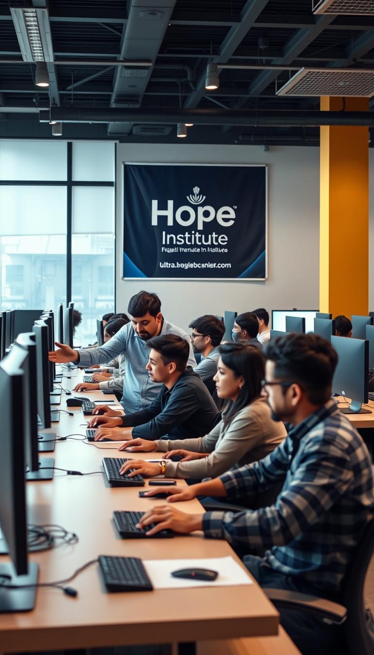 Main art studio: Modern educational institute in Pakistan, students learning computers, professional classroom, digital marketing, graphic design, freelancing, teacher