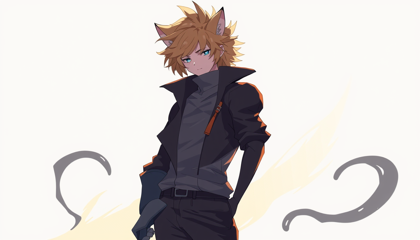 Characters idea: an original character defined by silhouette, role, outfit, palette, and expression, deliberate composition, a cat guy with with hair , polished image,