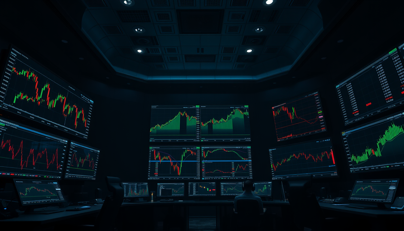 Main art studio: Cinematic ultra-realistic dark trading room, multiple large monitors displaying dynamic stock market charts, green and red candlesticks, financial dat