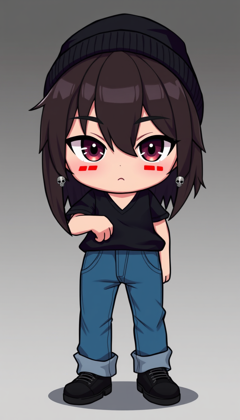 VTuber idea: vtuber avatar character, anime style, expressive face, streaming-ready design, male character, slightly feminine. dark brown hair, black shirt with a
