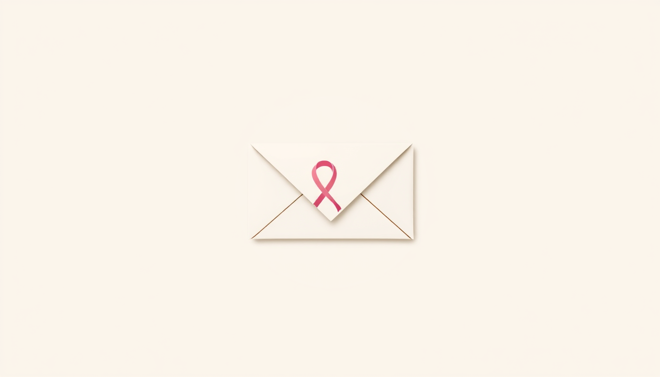 Main art studio: Elegant, sophisticated nonprofit logo symbol: a refined envelope with a subtle heart and cancer awareness ribbon seamlessly incorporated into the desi