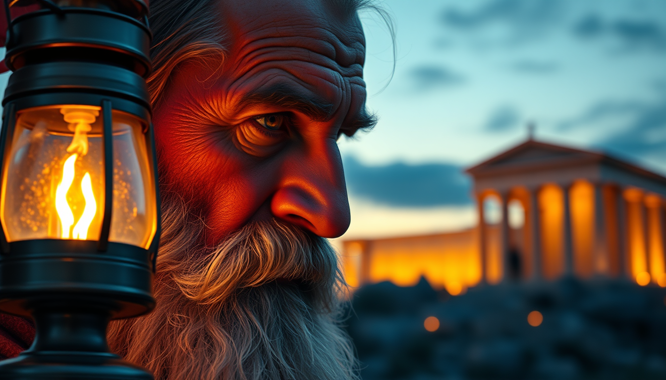 Main art studio: Epic close-up portrait of Diogenes the Cynic with a glowing lantern, ancient Athens at dawn behind him, intense wise eyes, golden and blue cinematic l
