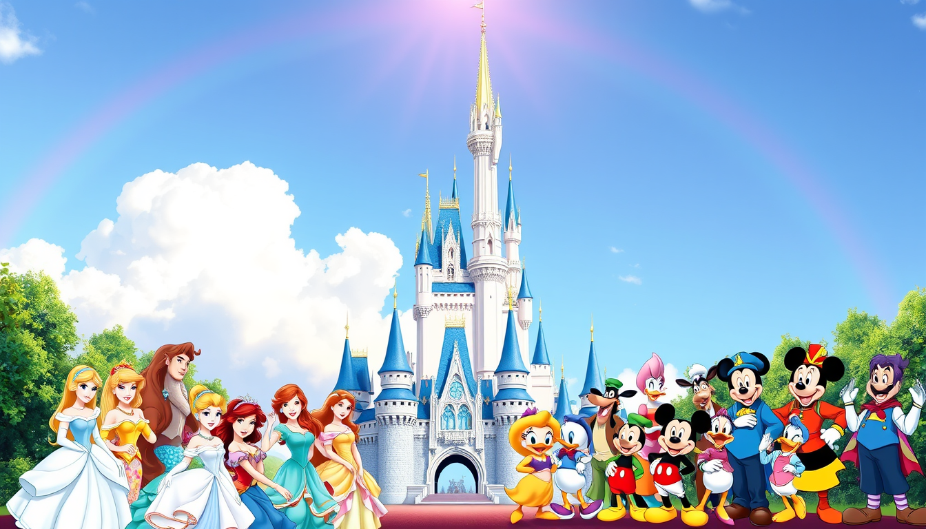 Main art studio: A bright, magical, and colorful digital illustration of a split-composition Disney scene, 1:1 aspect ratio. In the center, a majestic, gleaming white 