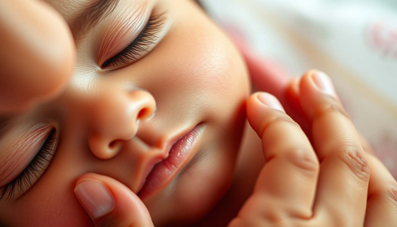 Main art studio: Close-up of a cute sleeping baby with soft rosy cheeks, mother gently touching and kissing the baby's cheek, tender loving moment, warm soft lighting,