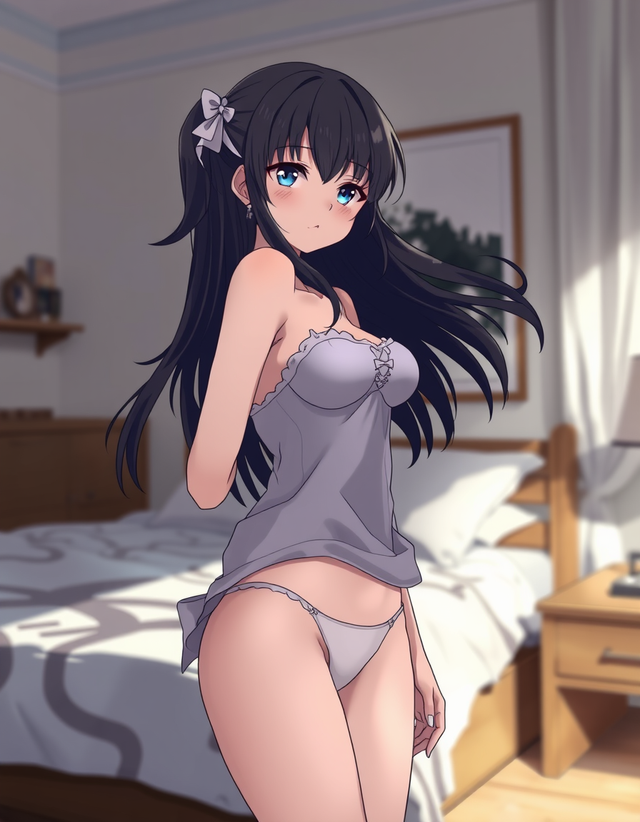 Anime Characters idea: an anime character with a legible silhouette, controlled costume language, and expressive face, deliberate composition, 23 year old girl in bedroom we