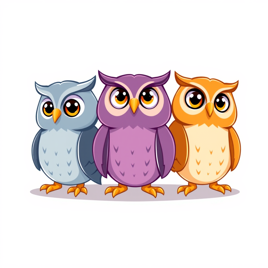 Main art studio: Create a charming 2D mascot logo for a modern university study app featuring exactly three cute owl characters, positioned far apart with generous emp