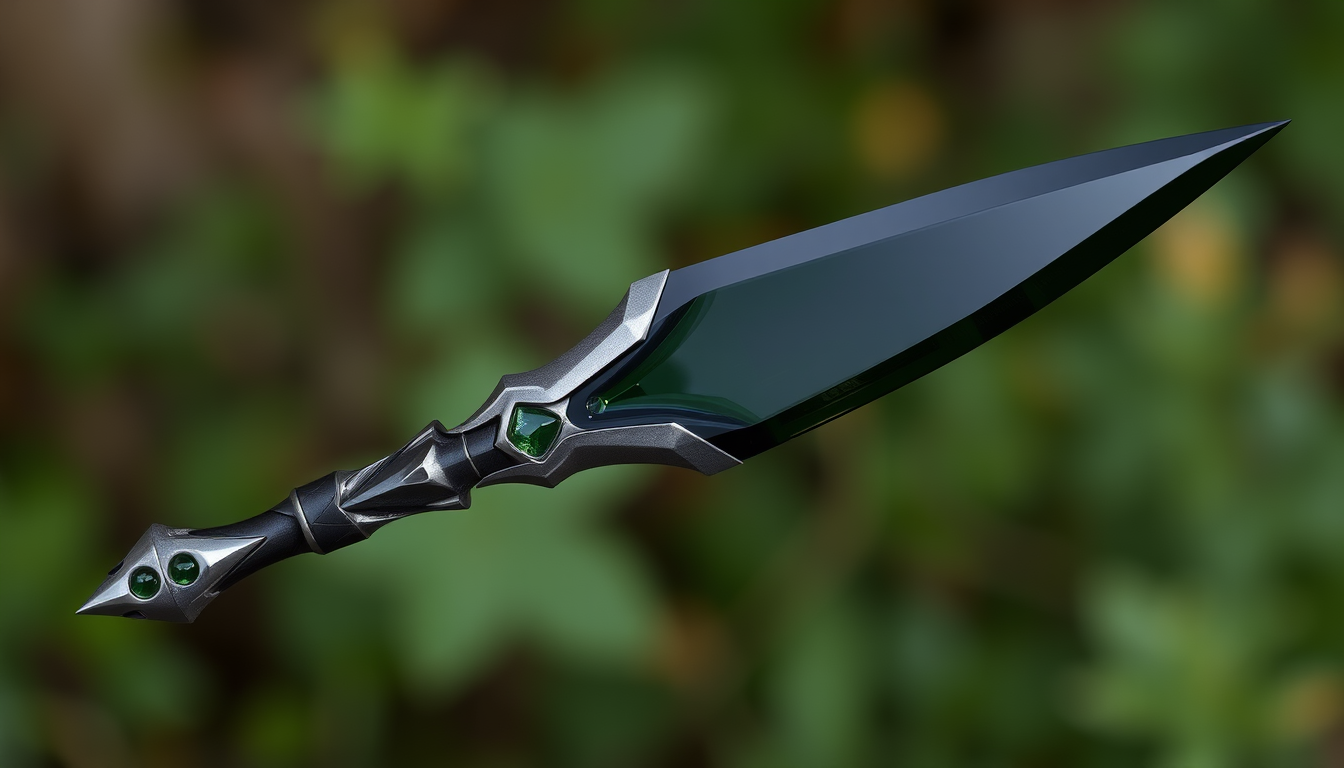 Main art studio: Please make image & schematics of fantasy weapon like this: small, sleek weapon similar to throwing spike. silhouette narrow - no guard, feathers, fin