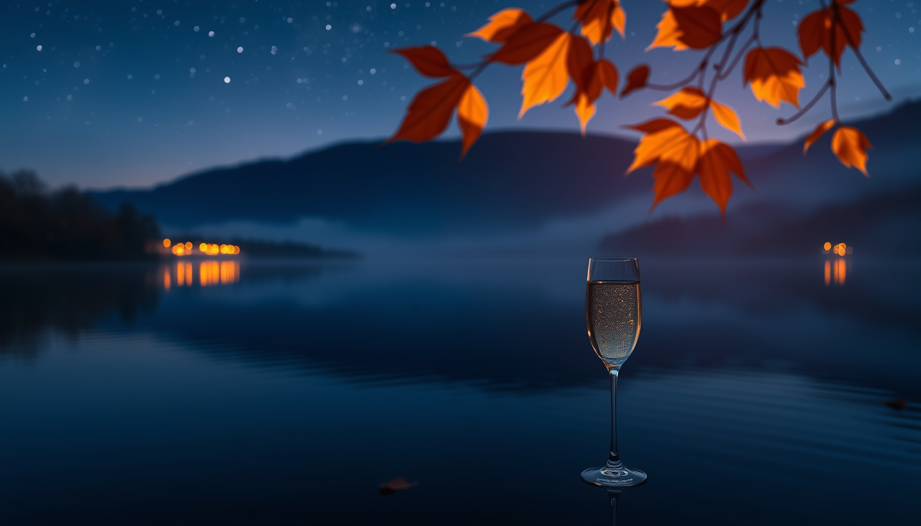 Main art studio: Cinematic romantic autumn evening, tranquil lake reflecting a deep blue and violet starry sky, warm golden glow on the horizon, beautiful amber autumn