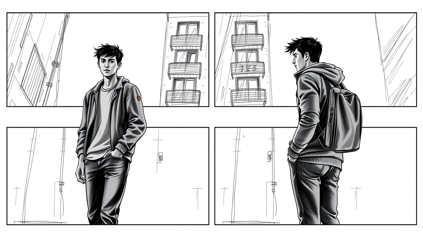 Storyboard idea created from the prompt: storyboard panels, cinematic shot sequence, clear camera angles, grayscale sketch layout, readable scene flow, 2 jovenes con ropa casual enf