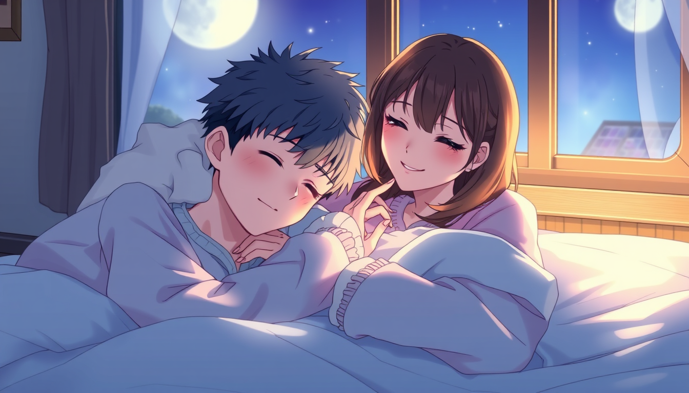 Anime idea: anime style, vibrant colors, expressive eyes, Create a beautiful Japanese anime illustration of an adult couple cuddling on a cozy bed. The sleepy boy