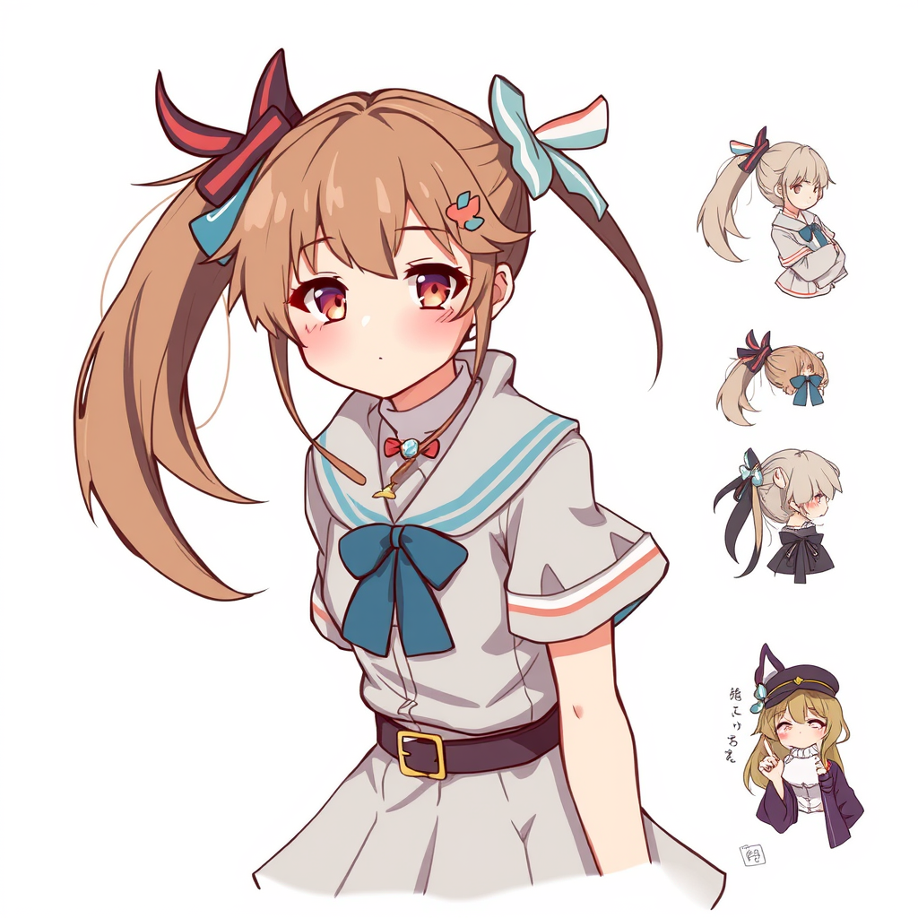 Characters idea: original character design, detailed outfit and accessories, expressive personality, anime girl, long twin tails, messy bangs, side-swept fringe, detai
