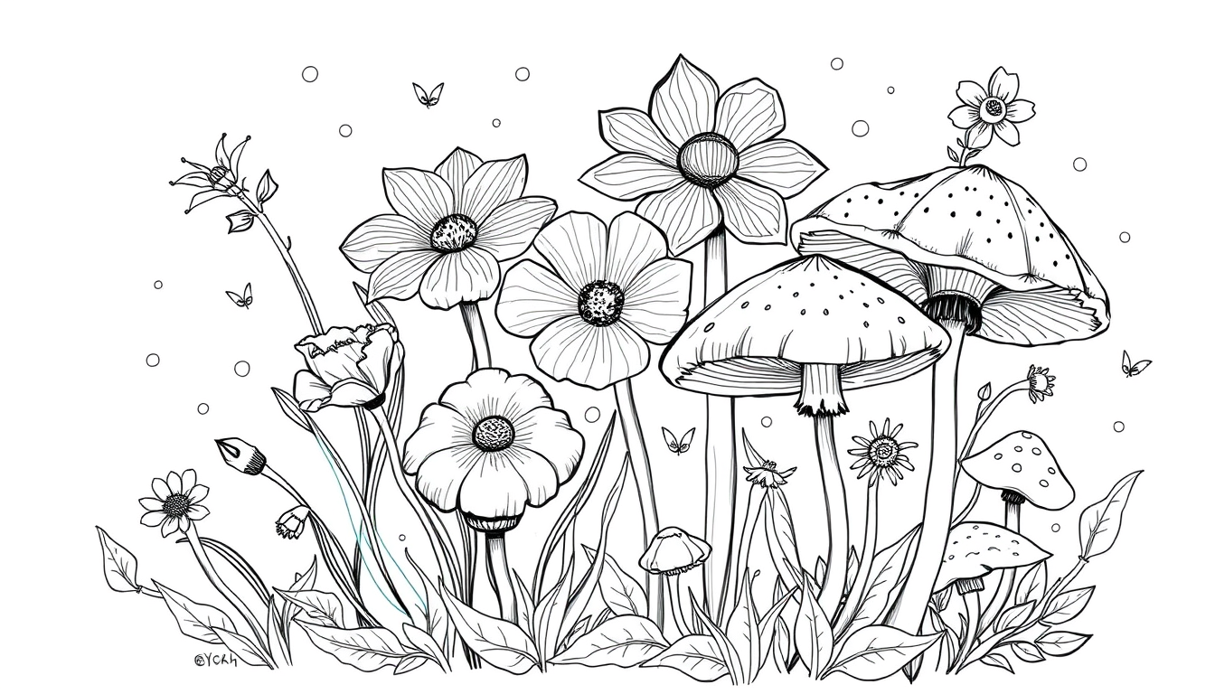 Main art studio: sketch me up some line art of some flowers and flowers with some squiggles and lines and heavily thick bold lines and mushrooms and complex flowers an