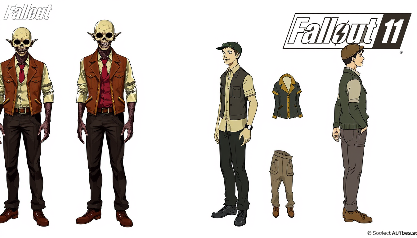 Main art studio: full length photo. ghoul from. Fallout universe. dressed in 1950s clothing. concept art. male. 6 clothing options