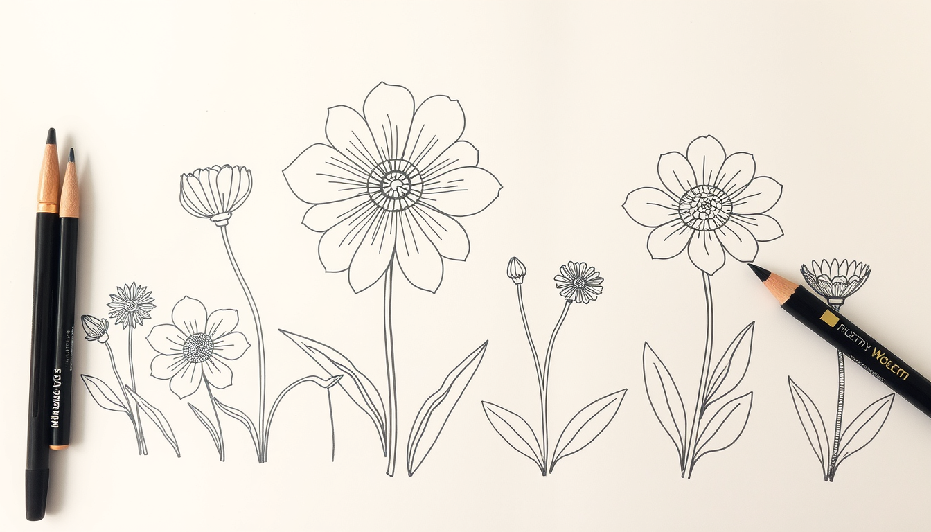 Main art studio: sketch me up some line art of some flowers with some squggles and bold lines