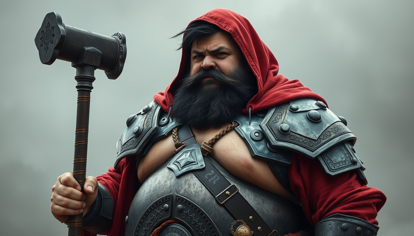 Main art studio: adult male, black hair, fat warrior fat belly out of iron armor, wearing war hood, dark iron armor with red linen armor design, holding a hammer with