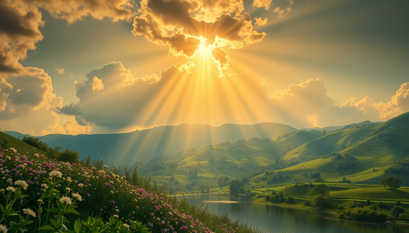Main art studio: Bright heavenly light descending from the clouds over a peaceful green valley, golden rays illuminating flowers, calm lake reflecting the sky, tranqui