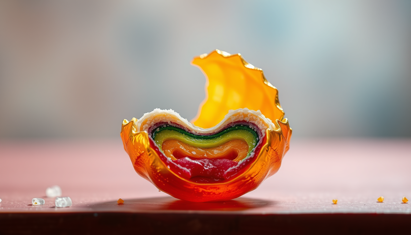 Main art studio: A golden candy shell breaks to reveal colorful layers