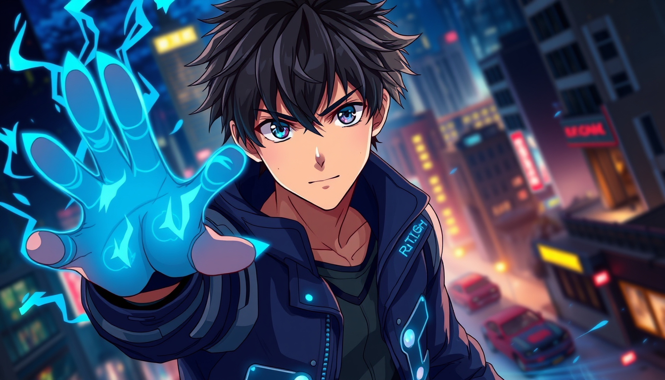 Anime idea: anime style, vibrant colors, expressive eyes, Original cinematic anime superhero named Ratish, teenage boy with messy black hair, navy jacket with glo
