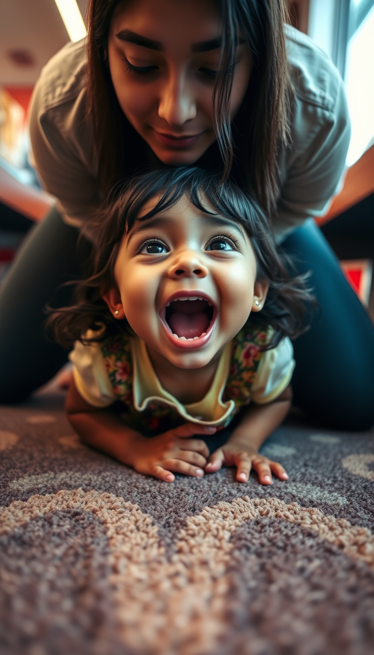 Main art studio: little indian girl on mcdonalds carpet on her knees with mouth open wide, angle from above looking down on the person. person looking up