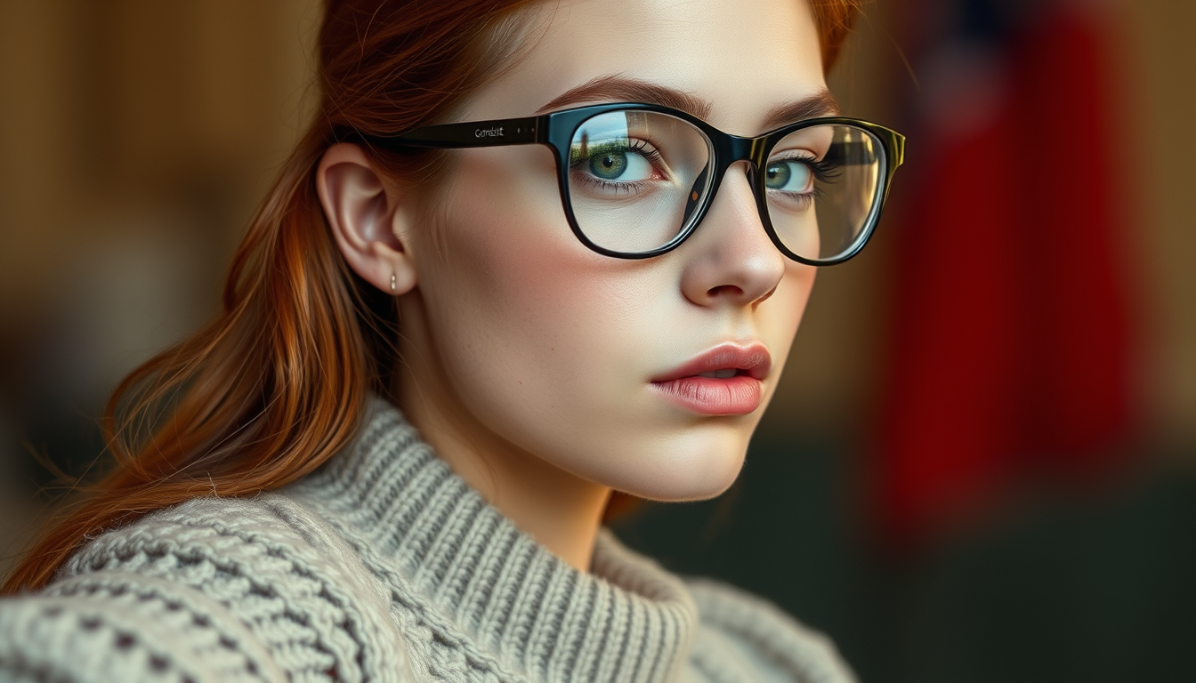Main art studio: Genere moi une fille rousse avec lunette en pull legerement trop long au niveau des bras et dans une pose coquine en ahego face elle doit avoir enviro