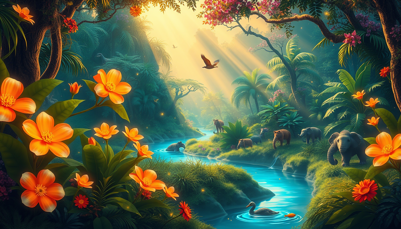 Main art studio: Setting: A magical, colorful jungle with giant glowing flowers, soft golden sunlight beams through the canopy, sparkling fireflies, a winding blue riv