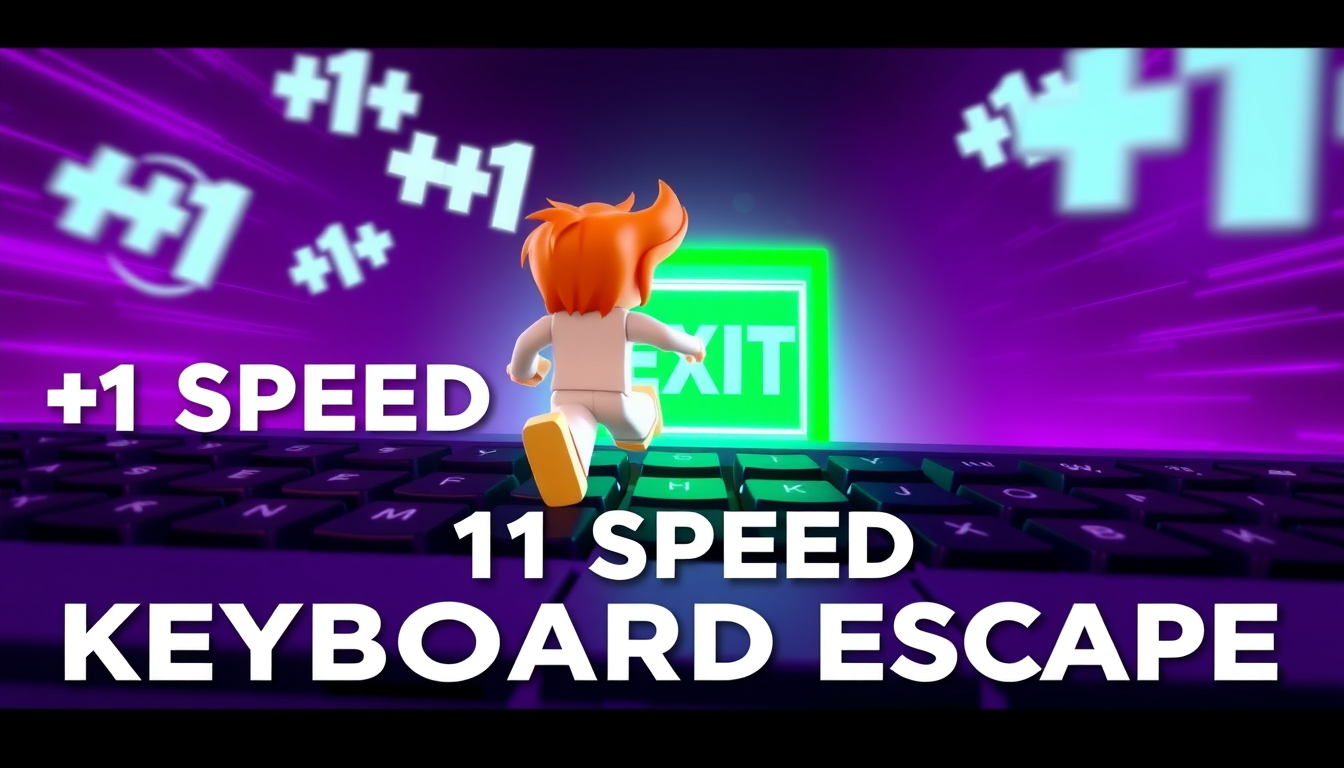 Main art studio: Roblox-style YouTube thumbnail, vibrant 3D cartoon. Orange-haired character running across a giant keyboard toward a glowing green EXIT door. Floating