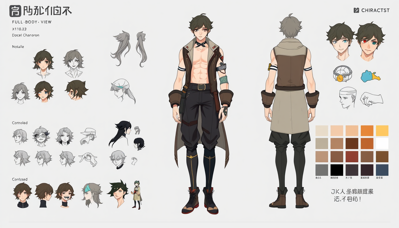 Character Sheet idea: a visual character reference sheet with a dominant full-body view, controlled details, palette swatches, and supporting expressions or accessories, de