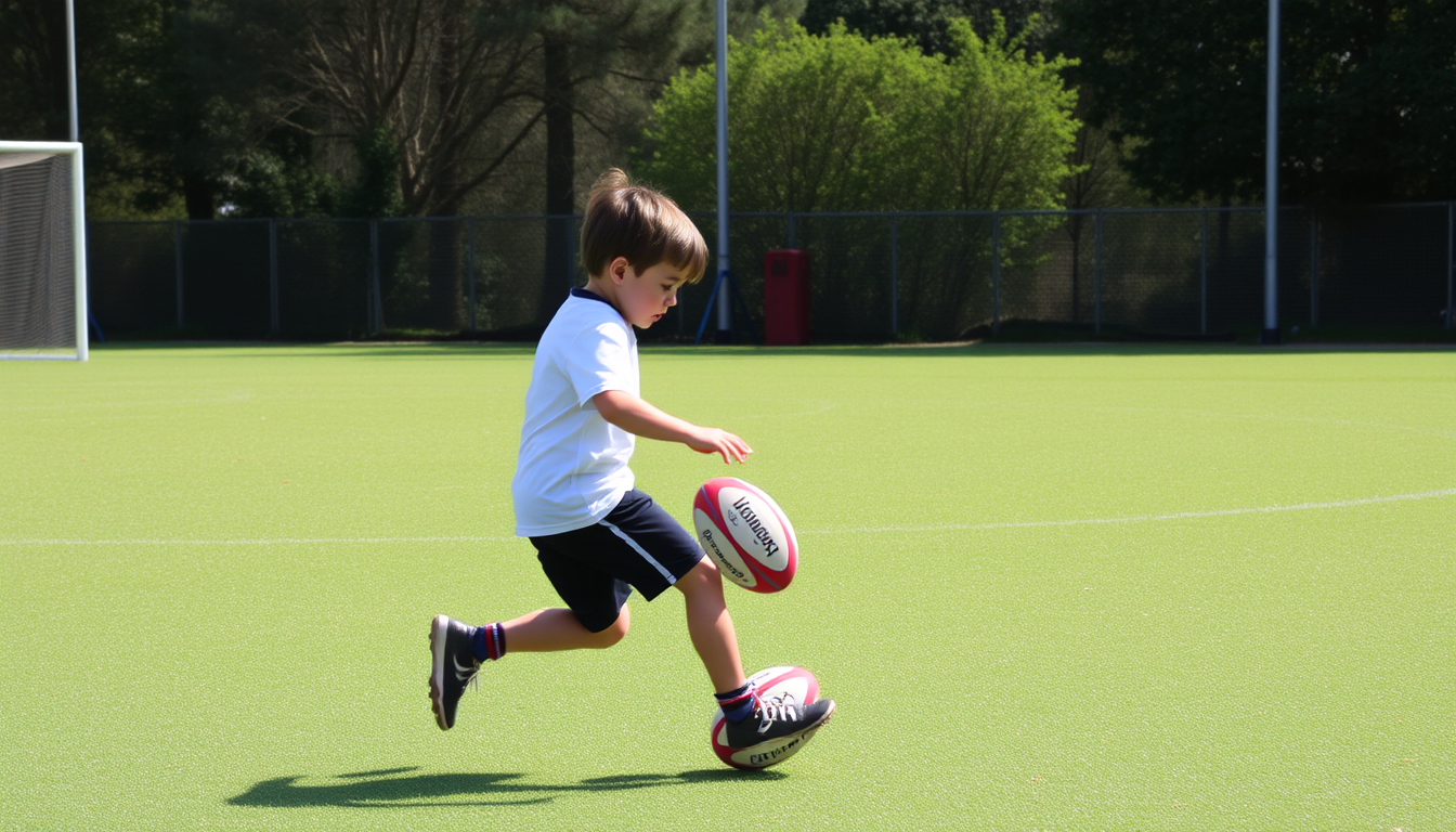 Main art studio: ↩️ 6. El pase va hacia atrás Dos niños pequeños realizando un pase de rugby. El niño que tiene el balón está delante y pasa claramente el balón hacia 