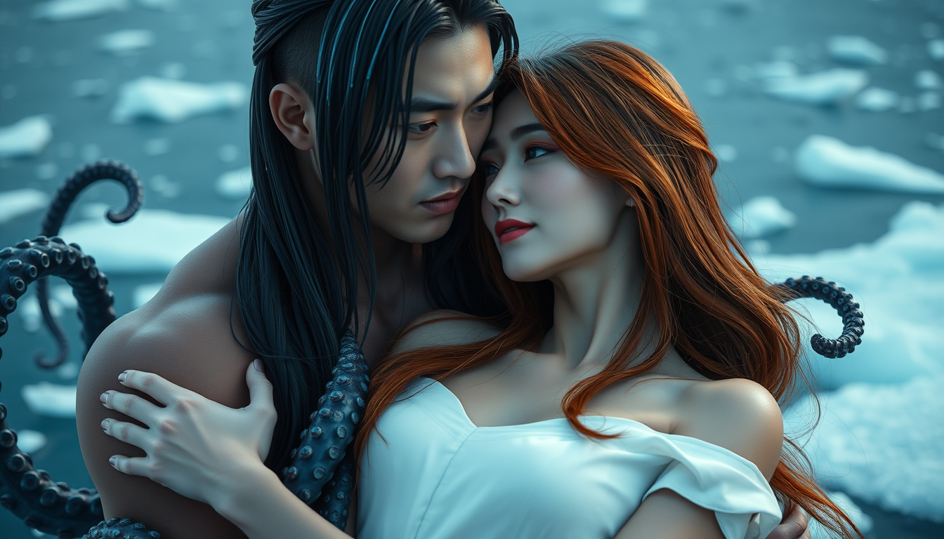 Main art studio: Photorealistic dark fantasy. A handsome, very muscular adult Korean man with a completely human Korean face, realistic almond-shaped eyes, Korean faci