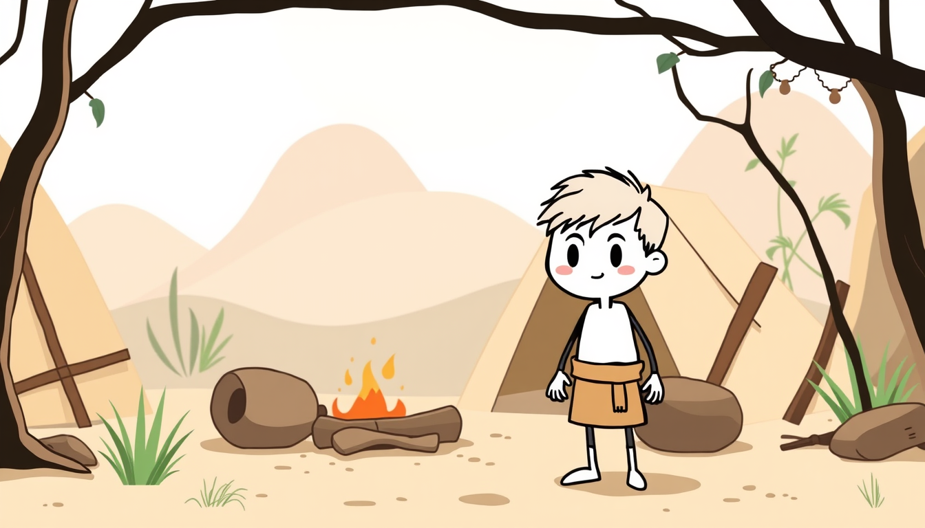 Main art studio: Professional 2D vector educational documentary animation, premium YouTube explainer style, 16:9 widescreen, 4K, prehistoric camp with five-year-old ch